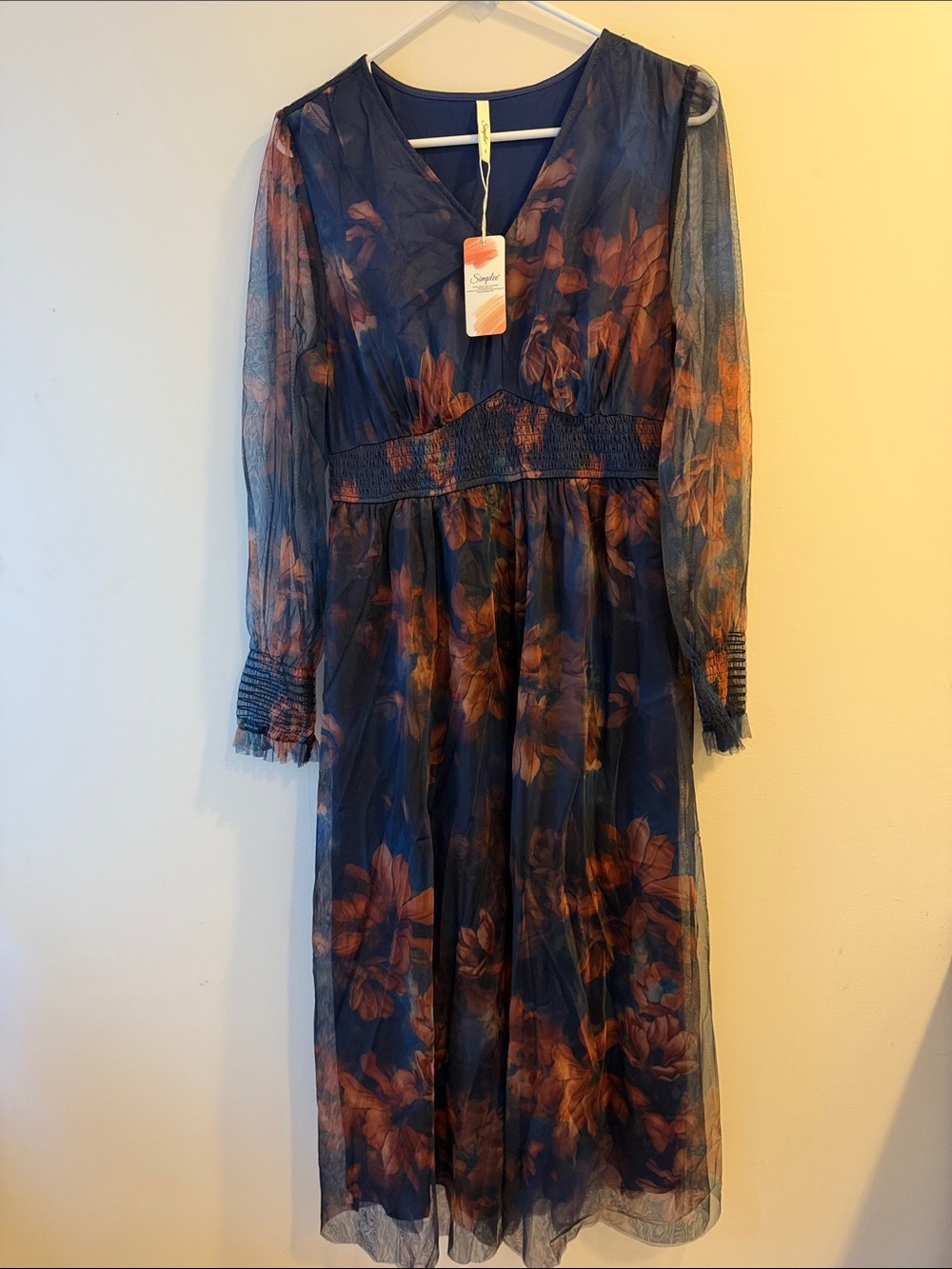 Simple Navy Floral Long-Sleeve Midi Dress